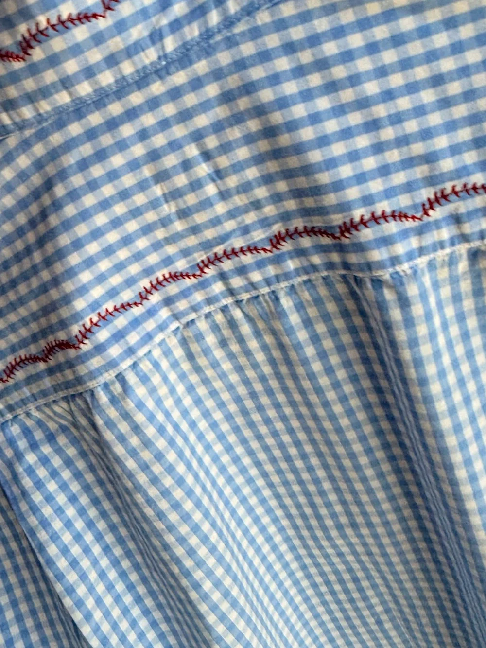 Reloved Upcycle ♻️ White and Blue Ruffle collar Blouse Red Embroidery - Picture 5 of 13